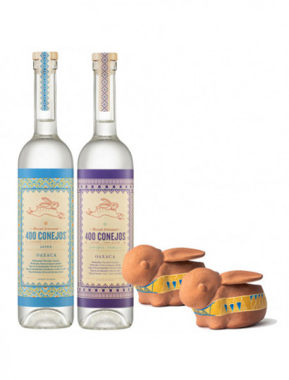 MEZCAL JOVEN 100% 400 CONEJOS .750+MEZCAL JOVEN 100% 400 CONEJOS ESPADIN TOBALA .750+CONEJOS MEZCALEROS CAJA/2 PIEZAS