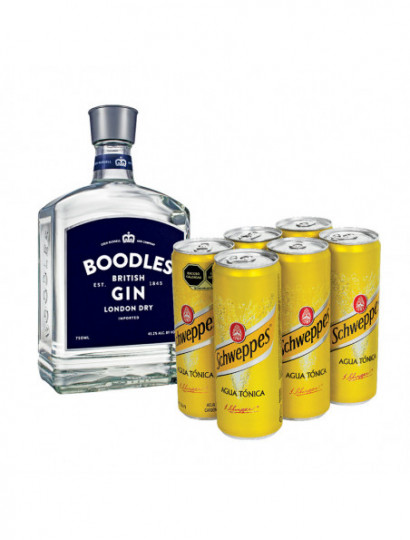 GINEBRA LONDON DRY BOODLES .750 CON 6 AGUA TONICA SCHWEPPES LATA .355