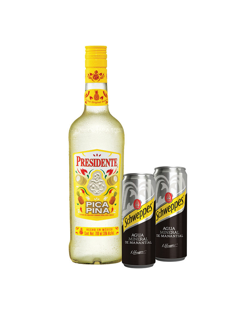 LICOR DE BRANDY PRESIDENTE PICA PIÑA .700 CON 2 AGUA MINERAL SCHWEPPES .355 L