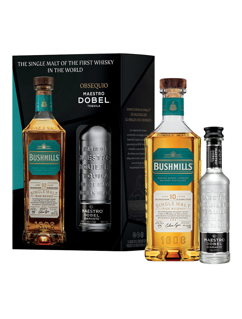 WHISKEY 10 BLACK BUSHMILLS SINGLE MALT.750 C/MAESTRO DOBEL .375